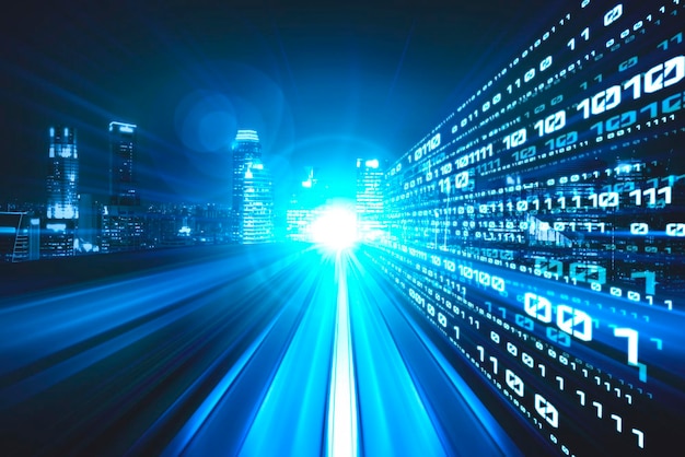 Flujo de datos digitales en la carretera con borrón de movimiento para crear una visión de transferencia de velocidad rápida