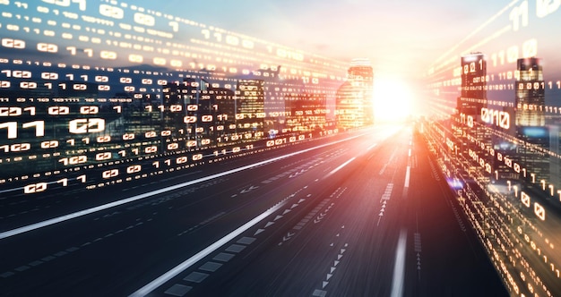 Flujo de datos digitales en la carretera con borrón de movimiento para crear una visión de transferencia de velocidad rápida