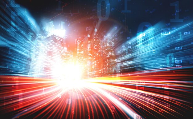 Flujo de datos digitales en la carretera con borrón de movimiento para crear una visión de transferencia de velocidad rápida