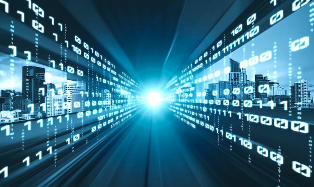 Flujo de datos digitales en la carretera con borrón de movimiento para crear una visión de transferencia de velocidad rápida