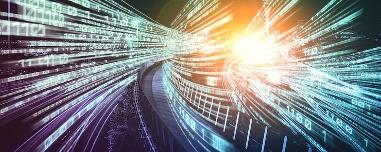 Foto flujo de datos digitales en la carretera con borrón de movimiento para crear una visión de transferencia de velocidad rápida