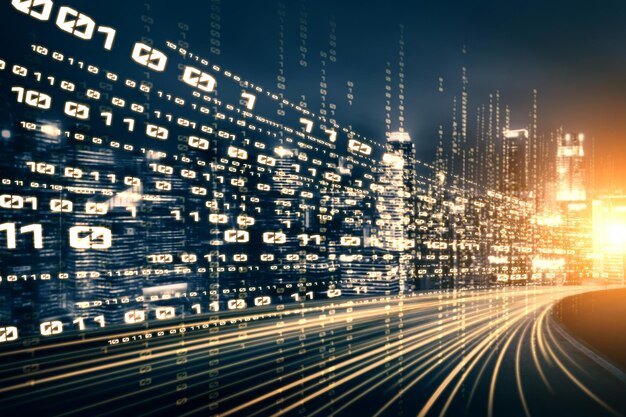Flujo de datos digitales en la carretera con borrón de movimiento para crear una visión de transferencia de velocidad rápida
