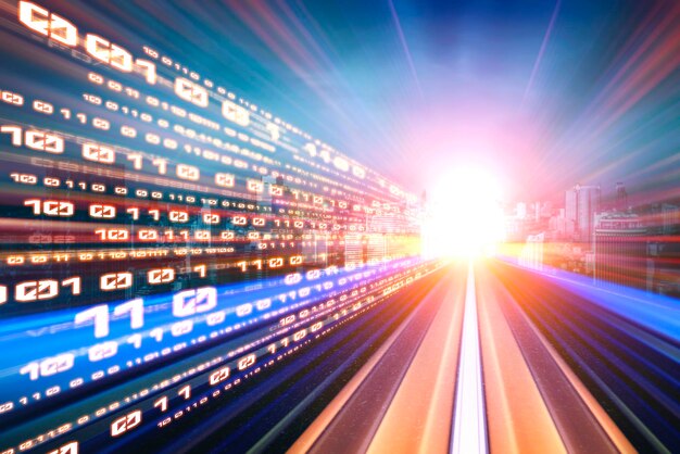 Flujo de datos digitales en la carretera con borrón de movimiento para crear una visión de transferencia de velocidad rápida
