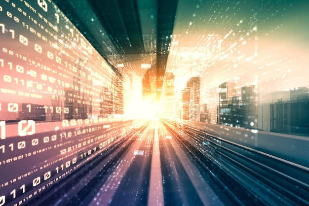 Flujo de datos digitales en la carretera con borrón de movimiento para crear una visión de transferencia de velocidad rápida