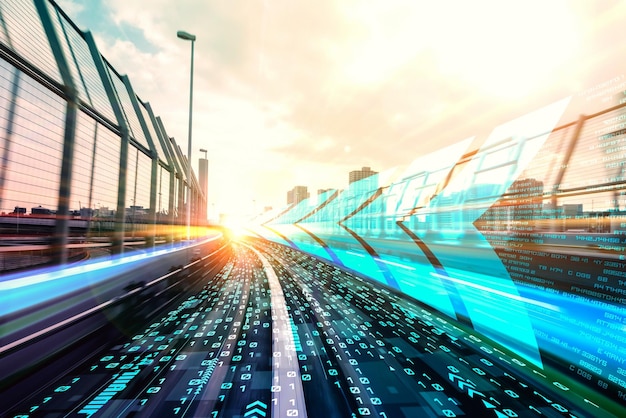 Flujo de datos digitales en la carretera con borrón de movimiento para crear una visión de transferencia de velocidad rápida