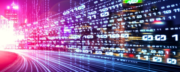 Flujo de datos digitales en la carretera con borrón de movimiento para crear una visión de transferencia de velocidad rápida