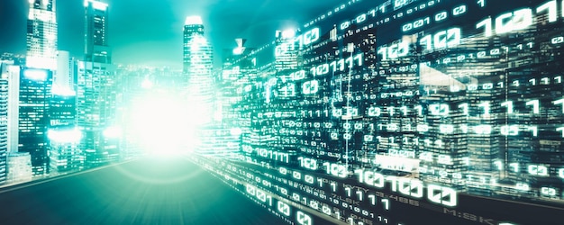 Flujo de datos digitales en la carretera con borrón de movimiento para crear una visión de transferencia de velocidad rápida