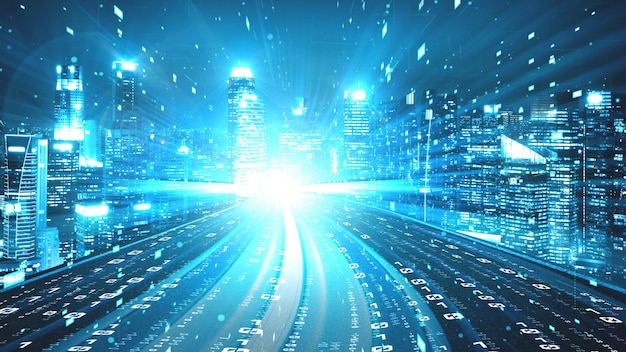 Flujo de datos digitales en la carretera en concepto de comunicación cibernética global y codificación con una visión de creación gráfica de transferencia de alta velocidad para mostrar una transformación digital ágil e innovación disruptiva.