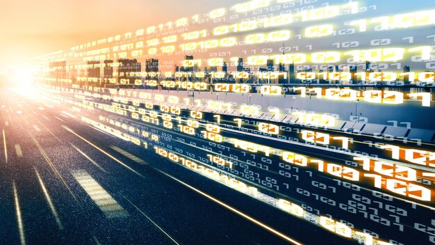 Flujo de datos digitales en la carretera en concepto de comunicación cibernética global y codificación con una visión de creación gráfica de transferencia de alta velocidad para mostrar una transformación digital ágil e innovación disruptiva.