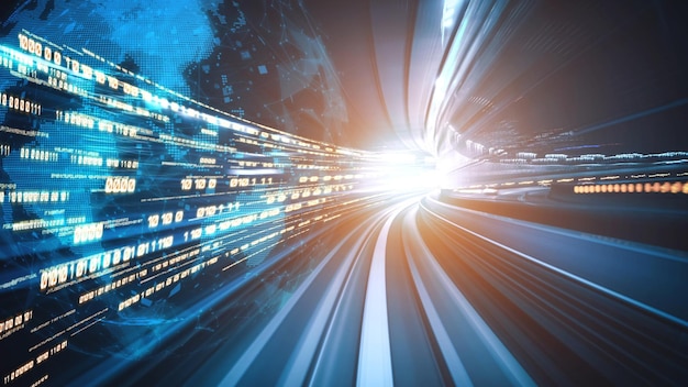 Flujo de datos digitales en la carretera en concepto de comunicación cibernética global y codificación con una visión de creación gráfica de transferencia de alta velocidad para mostrar una transformación digital ágil e innovación disruptiva.