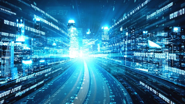 Flujo de datos digitales en la carretera en concepto de comunicación cibernética global y codificación con una visión de creación gráfica de transferencia de alta velocidad para mostrar una transformación digital ágil e innovación disruptiva.