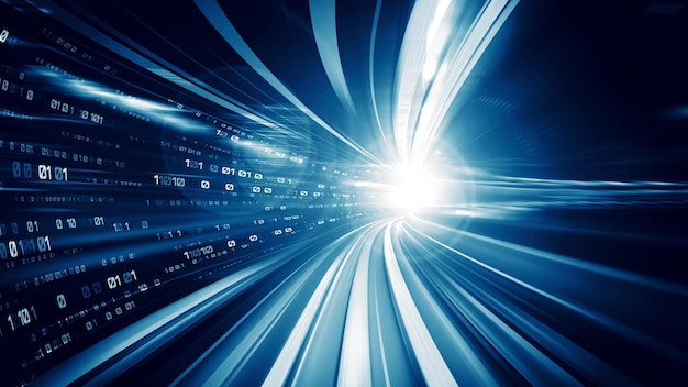 Flujo de datos digitales en la carretera en concepto de comunicación cibernética global y codificación con una visión de creación gráfica de transferencia de alta velocidad para mostrar una transformación digital ágil e innovación disruptiva.