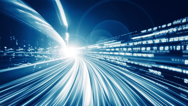 Flujo de datos digitales en la carretera en concepto de comunicación cibernética global y codificación con una visión de creación gráfica de transferencia de alta velocidad para mostrar una transformación digital ágil e innovación disruptiva.
