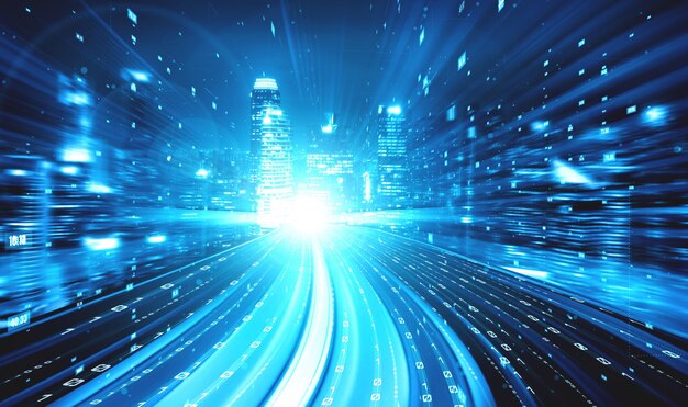 Flujo de datos digitales en la carretera con desenfoque de movimiento para crear una visión de transferencia de alta velocidad