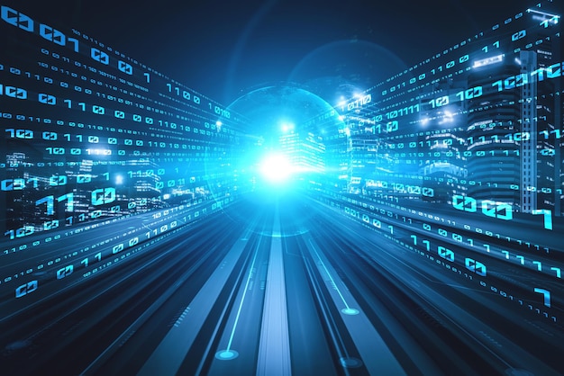 Flujo de datos digitales en carretera con desenfoque de movimiento para crear una visión de transferencia de alta velocidad