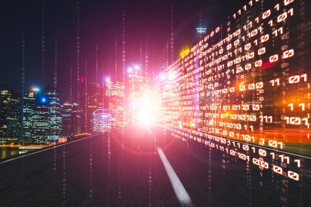 Flujo de datos digitales en carretera con desenfoque de movimiento para crear una visión de transferencia de alta velocidad