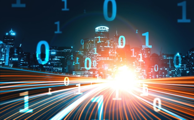 Flujo de datos digitales en carretera con desenfoque de movimiento para crear una visión de transferencia de alta velocidad