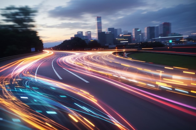 Flujo de datos digitales en la carretera con desenfoque de movimiento para crear una visión de transferencia de velocidad rápida