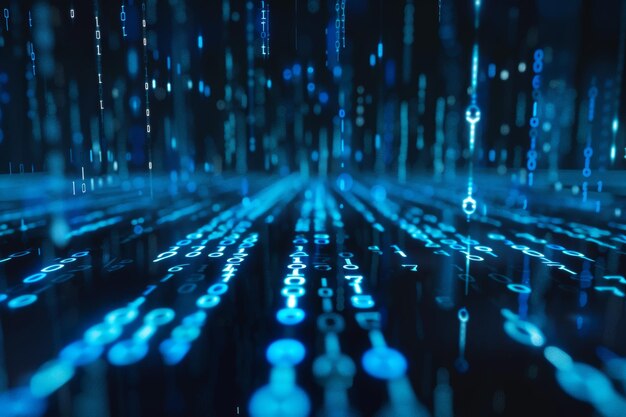 Flujo de datos digitales de números azules y código que fluye en el espacio oscuro fondo abstracto para tecnología o concepto de información digital con número binario en pantalla negra