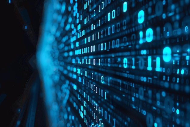 Flujo de datos digitales de números azules y código que fluye en el espacio oscuro fondo abstracto para tecnología o concepto de información digital con número binario en pantalla negra