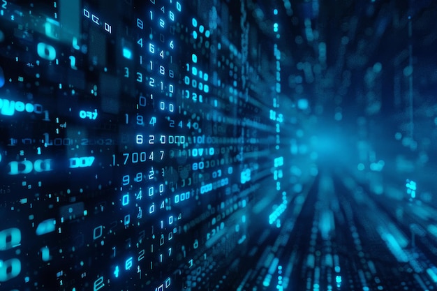 Flujo de datos digitales de números azules y código que fluye en el espacio oscuro fondo abstracto para tecnología o concepto de información digital con número binario en pantalla negra