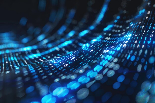 Flujo de datos digitales de números azules y código que fluye en el espacio oscuro fondo abstracto para tecnología o concepto de información digital con número binario en pantalla negra
