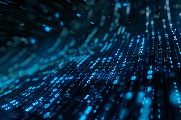 Flujo de datos digitales de números azules y código que fluye en el espacio oscuro fondo abstracto para tecnología o concepto de información digital con número binario en pantalla negra