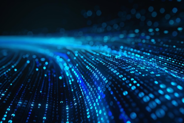 Flujo de datos digitales de números azules y código que fluye en el espacio oscuro fondo abstracto para tecnología o concepto de información digital con número binario en pantalla negra