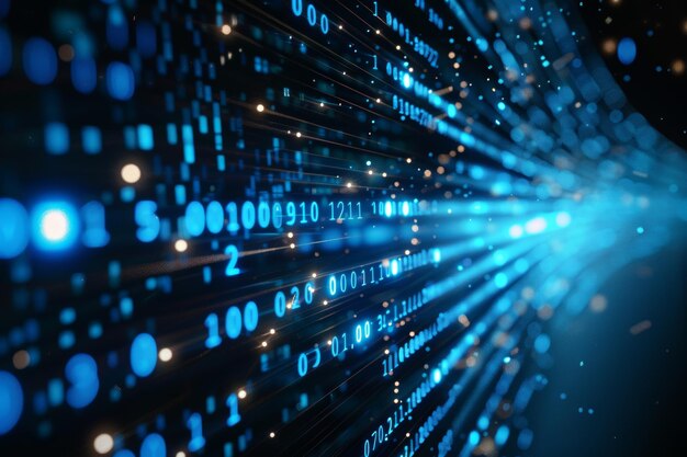 Flujo de datos digitales de números azules y código que fluye en el espacio oscuro fondo abstracto para tecnología o concepto de información digital con número binario en pantalla negra