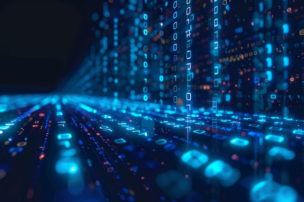 Flujo de datos digitales de números azules y código que fluye en el espacio oscuro fondo abstracto para tecnología o concepto de información digital con número binario en pantalla negra