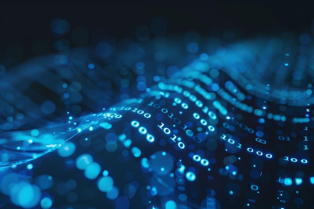 Flujo de datos digitales de números azules y código que fluye en el espacio oscuro fondo abstracto para tecnología o concepto de información digital con número binario en pantalla negra