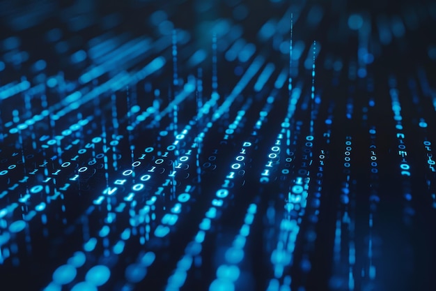 Flujo de datos digitales de números azules y código que fluye en el espacio oscuro fondo abstracto para tecnología o concepto de información digital con número binario en pantalla negra