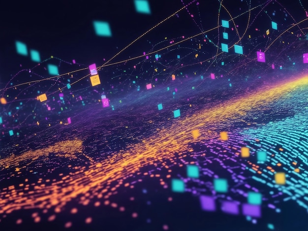 Flujo de datos grandes coloridos Campos de datos de Blockchain Ilustración de IA generativa