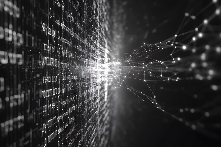 Foto flujo de datos transformando palabras en redes inteligentes