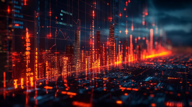 Un flujo dinámico de datos financieros rojos y azules y tendencias de mercado que captura el flujo de información digital