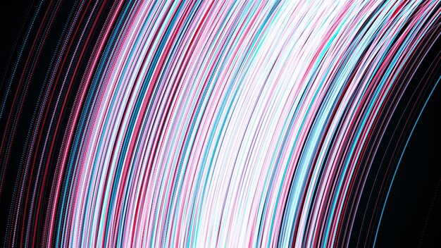 Flujo generado por computadora de finas líneas aleatorias y puntos 3d que representan un fondo arqueado