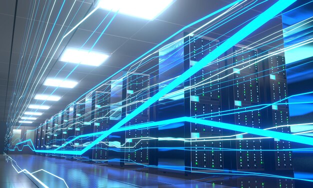 Flujo de información digital a través del centro de datos con muchos bastidores de computadoras