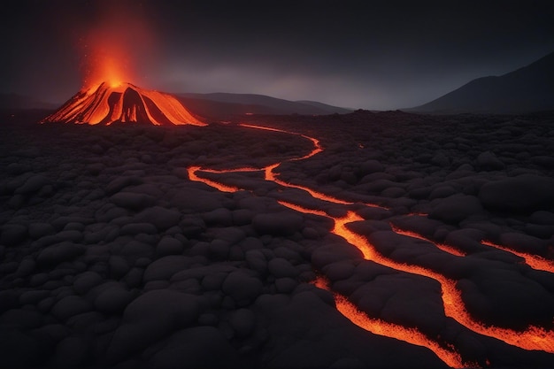 Un flujo de lava atraviesa un paisaje oscuro