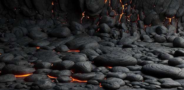 flujo de lava en una cueva oscura con llamas de fuego