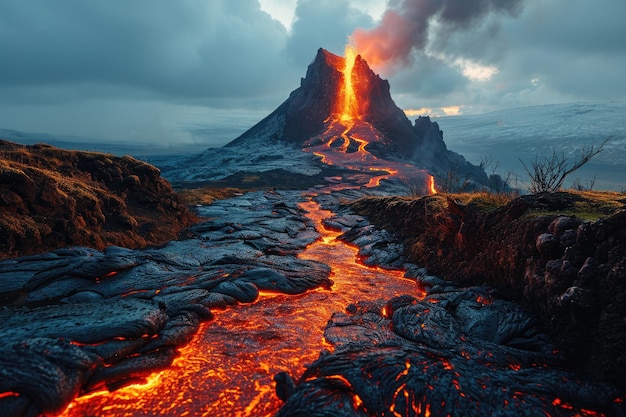 flujo de lava erupción del volcán montañas fotografía profesional