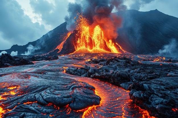 flujo de lava erupción del volcán montañas fotografía profesional