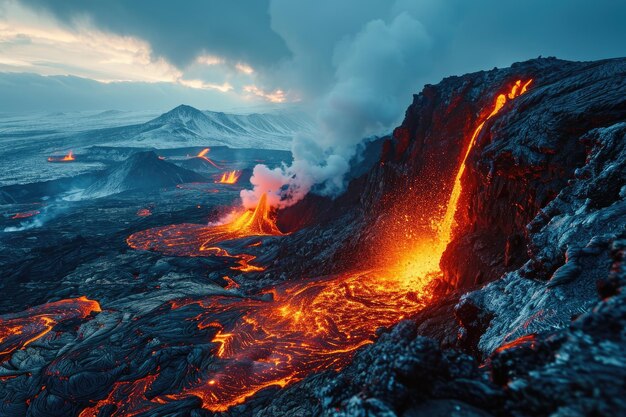 Foto flujo de lava erupción del volcán montañas fotografía profesional