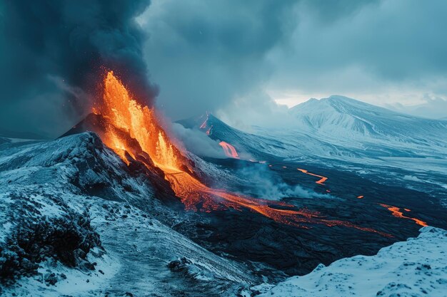 flujo de lava erupción del volcán montañas fotografía profesional