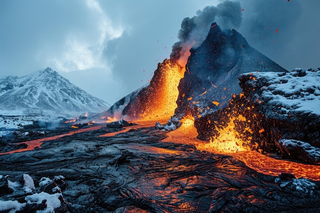 Foto flujo de lava erupción del volcán montañas fotografía profesional