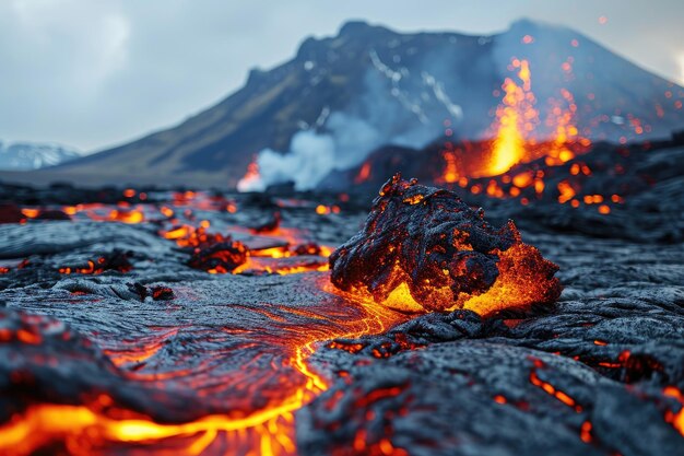 flujo de lava erupción del volcán montañas fotografía profesional