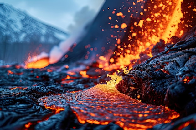 Foto flujo de lava erupción del volcán montañas fotografía profesional