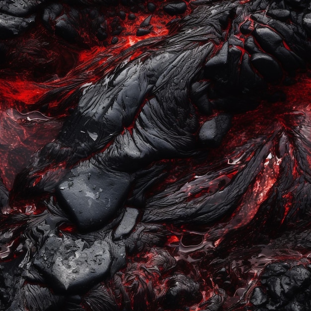 Foto un flujo de lava negro con una luz roja.