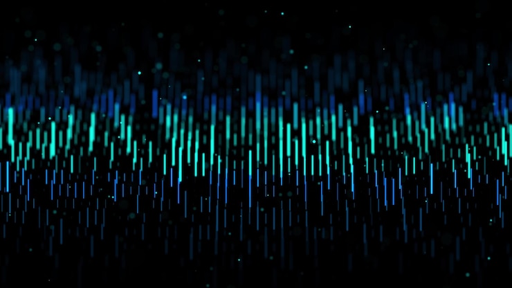 Foto flujo de onda dinámico abstracto de líneas verticales azules sobre fondo oscuro concepto de fondo de onda digital visualización de datos grandes representación 3d