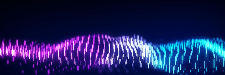 Foto flujo de onda dinámico abstracto de líneas verticales de brillo púrpura y azul sobre un fondo oscuro concepto de fondo de onda digital visualización de datos grandes representación 3d