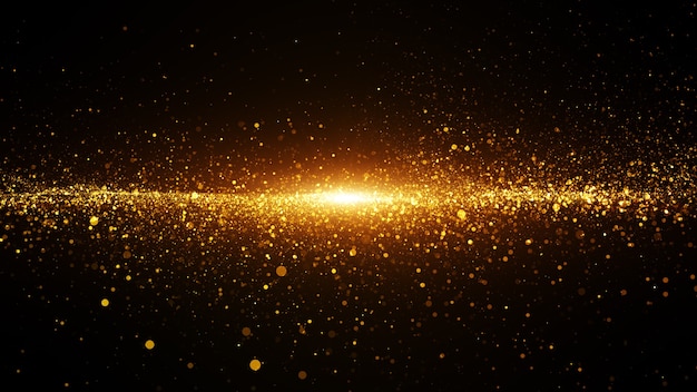 Flujo de ondas de partículas digitales de color dorado y llamarada de luz